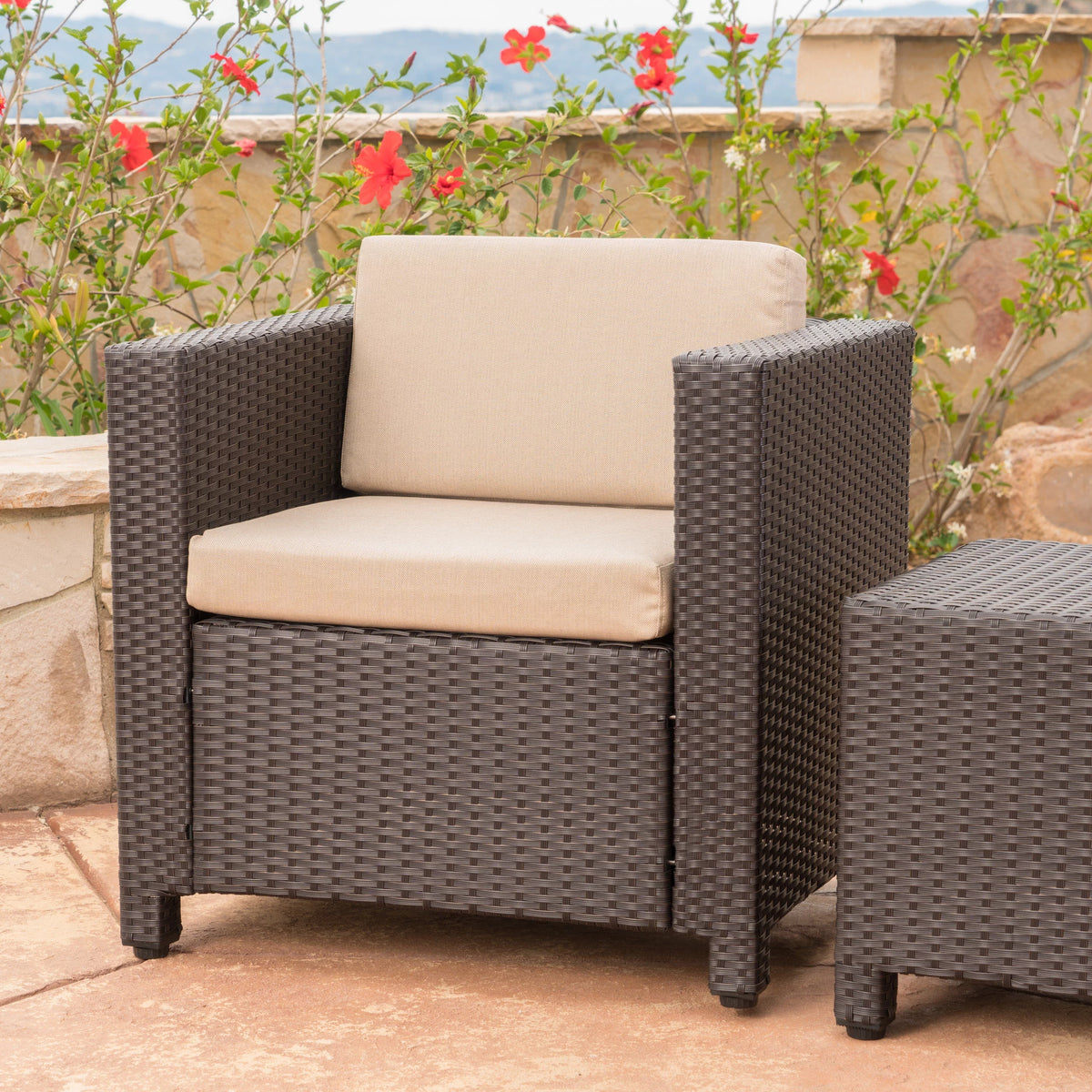 Outdoor Wicker Club Chair with Cushions, Dark Brown, Beige S2010
