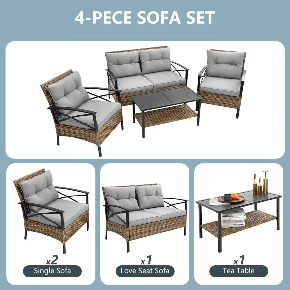 4 Pieces All-Weather PE Rattan Wicker Patio Sofa Set with Coffee Table R281639