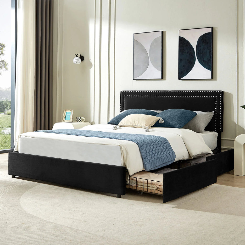 Beige Full Bed Frame with 4 Storage Drawers and Adjustable Headboard X580181