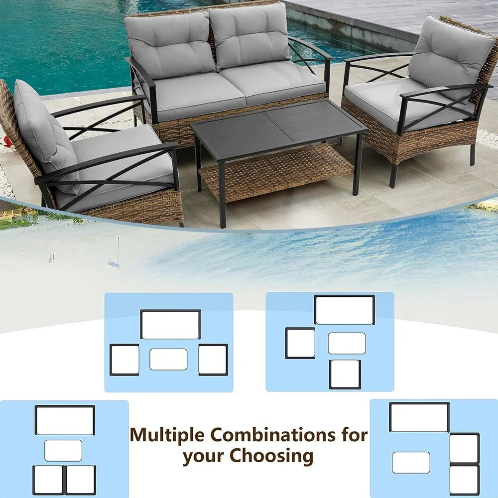 4 Pieces All-Weather PE Rattan Wicker Patio Sofa Set with Coffee Table R281639