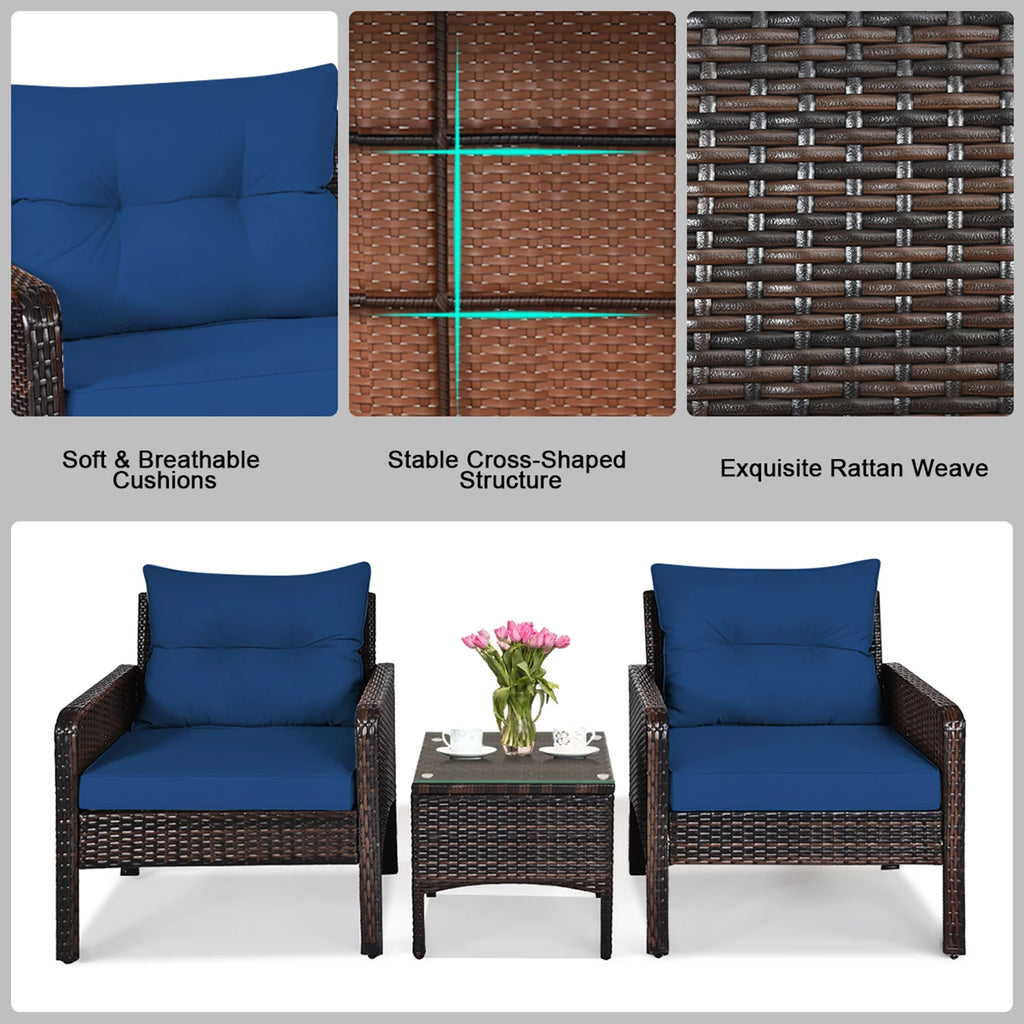 3 Pcs Rattan Patio Conversation Set with Navy Cushions X44598