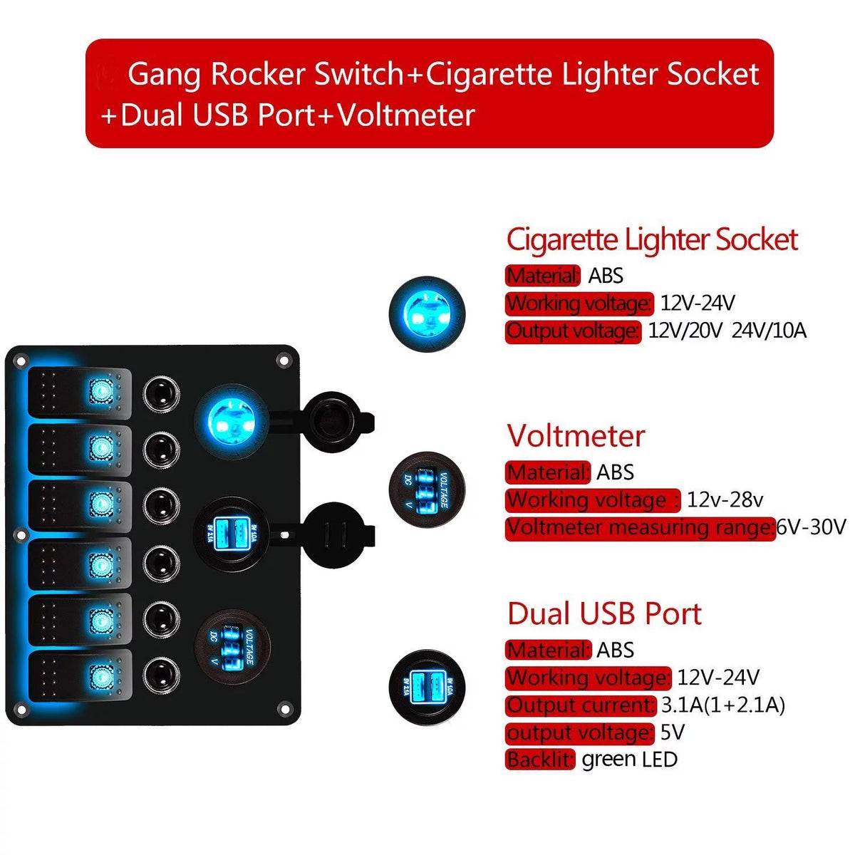 6 Gang LED Rocker Switch Panel Dual USB Waterproof Power Socket J801