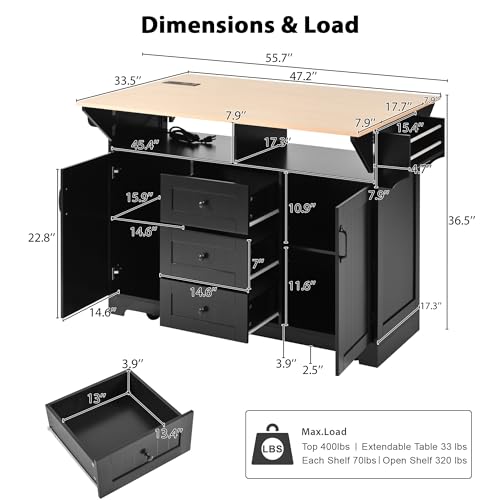 55.7" Kitchen Cart Island on Wheels with 2 Drop Leaf Z3806