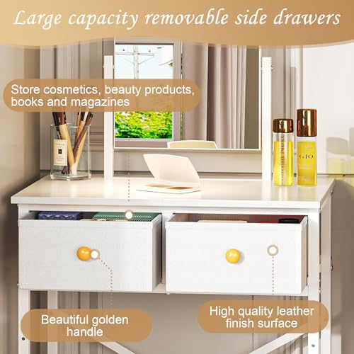 White Compact Vanity Desk with Mirror and Chair I82474