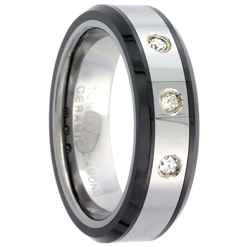 Black Ceramic 3 Stone Diamond Wedding Band Ring 6mm Q3189