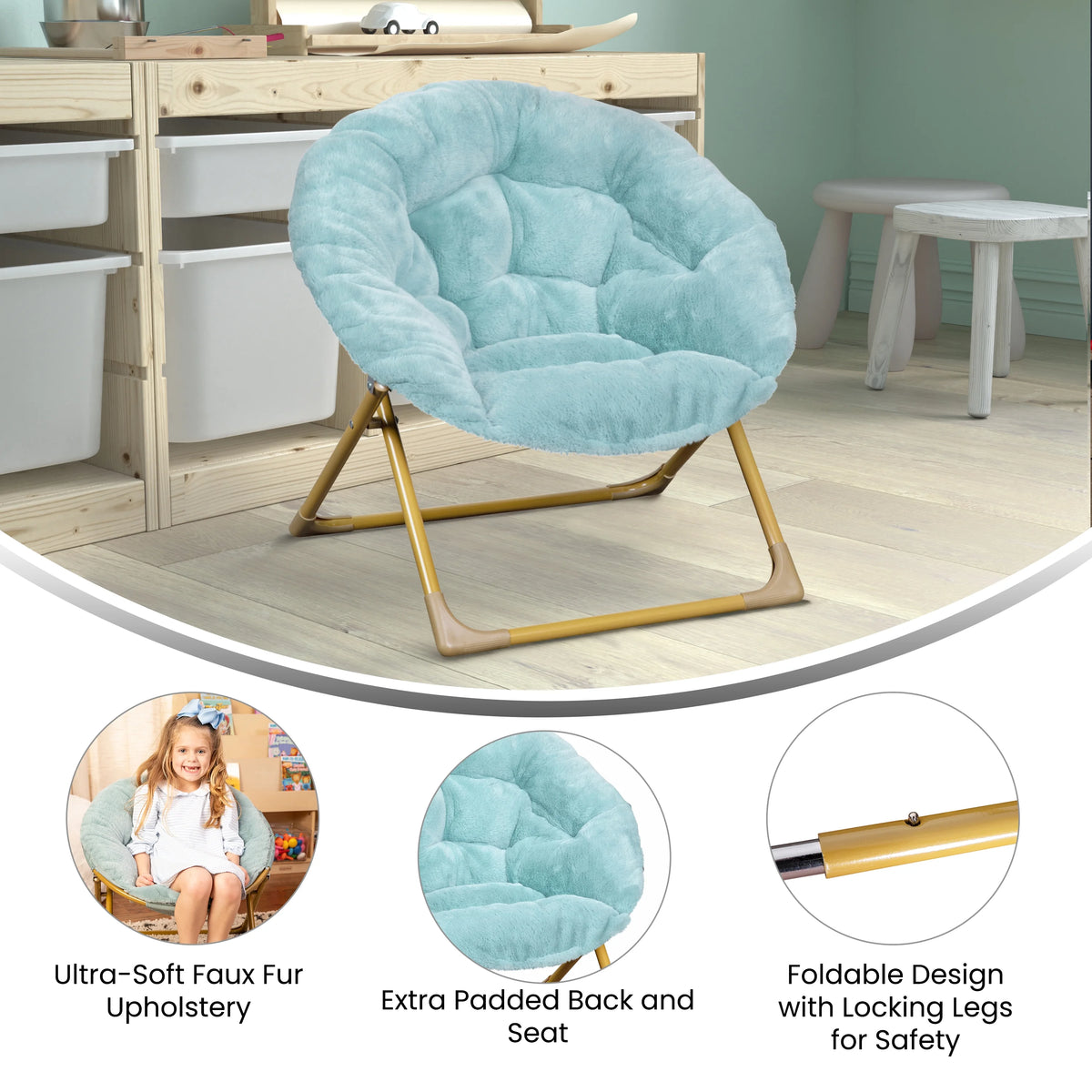 Dusty Aqua/Soft Gold Kids Faux Fur Folding Saucer Chair K8564