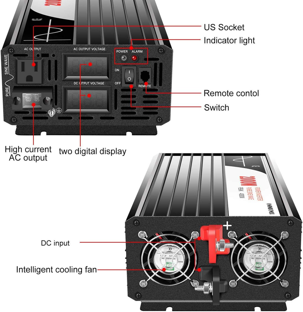 2000W Pure Sine Wave DC to AC Inverter Remote Switch DC 24V to AC 120V 60HZ Solar Converter Z668