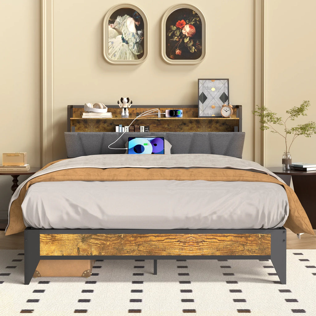 Full Size Platform Bed Frame with Headboard and Storage X874