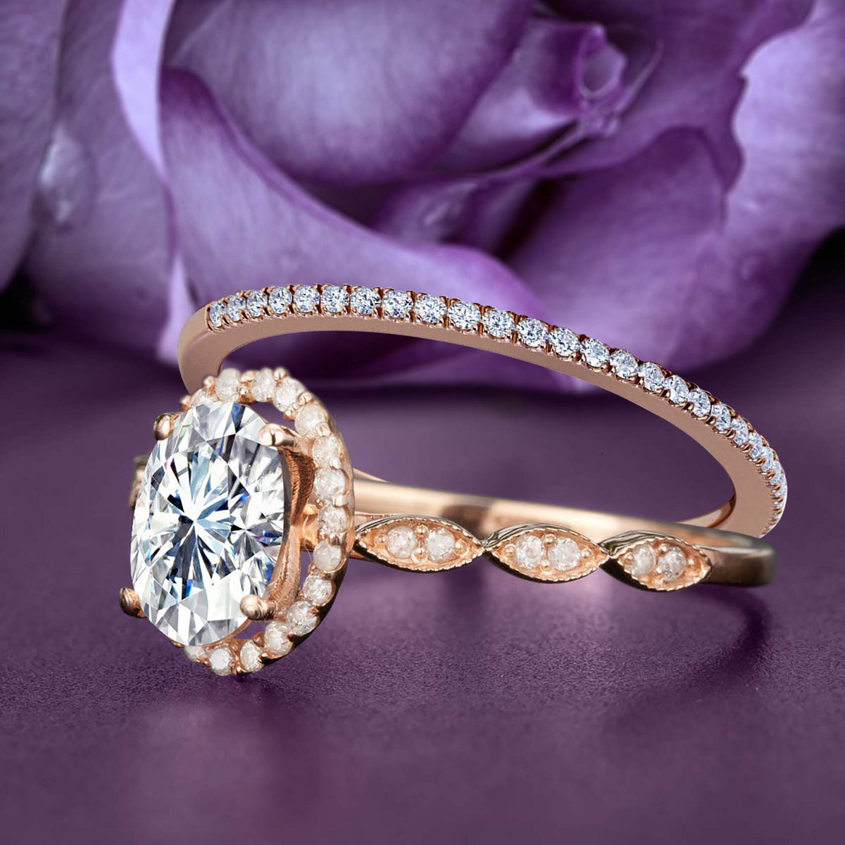 Art Deco Oval Cut Moissanite Engagement Ring in 10k Rose Gold V746158