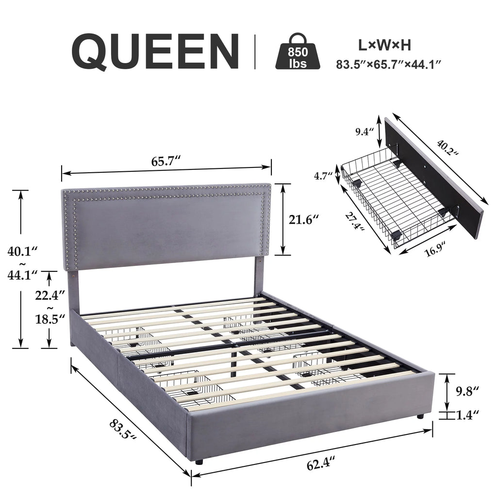 Beige Full Bed Frame with 4 Storage Drawers and Adjustable Headboard X580181