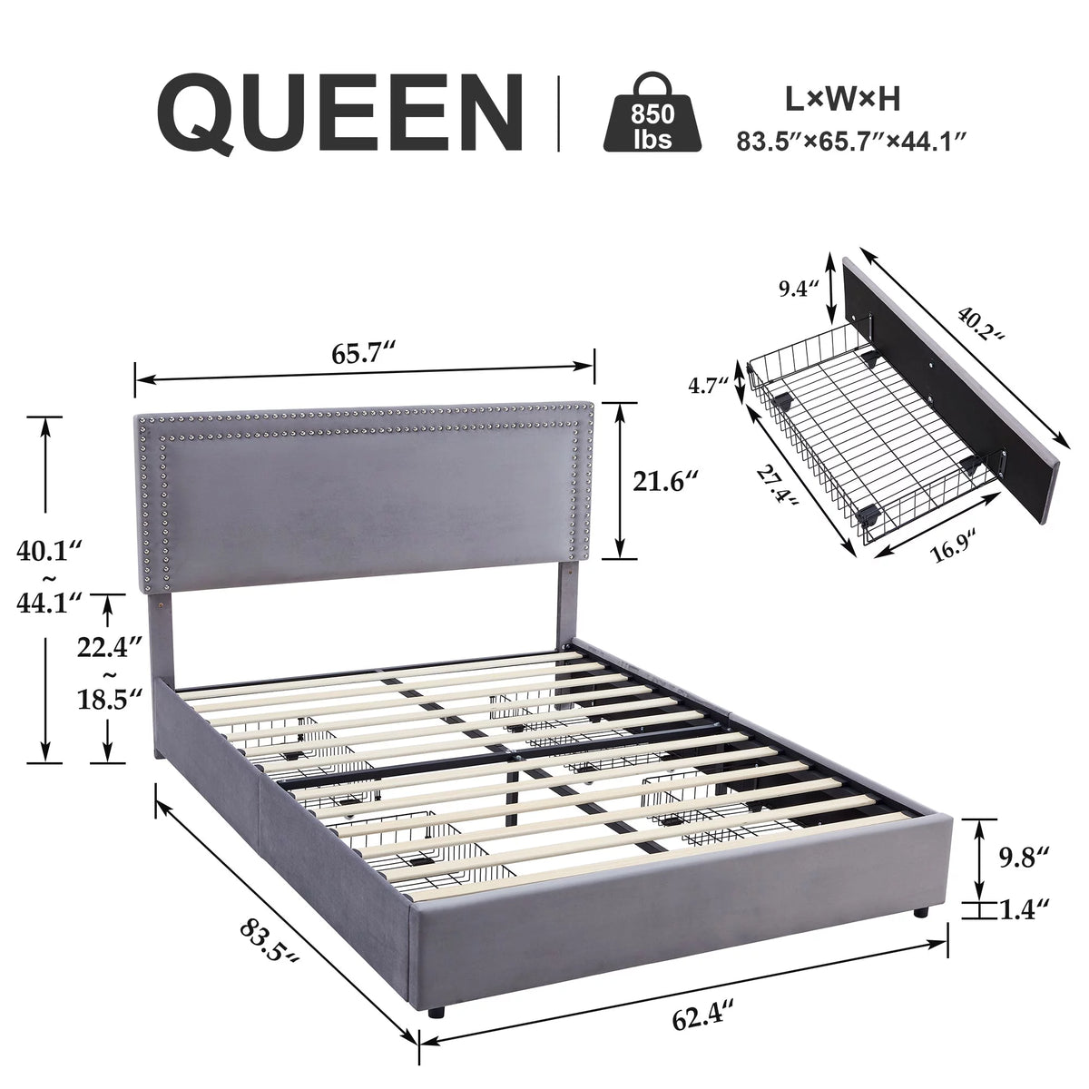 Beige Full Bed Frame with 4 Storage Drawers and Adjustable Headboard X580181