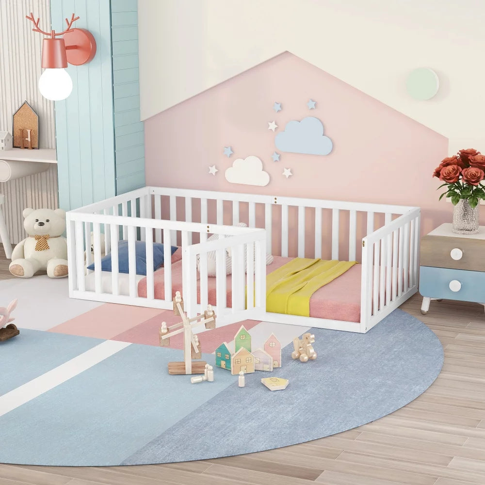 Queen Size Solid Wood Floor Bed Frame with Fence Rail and Door H58869