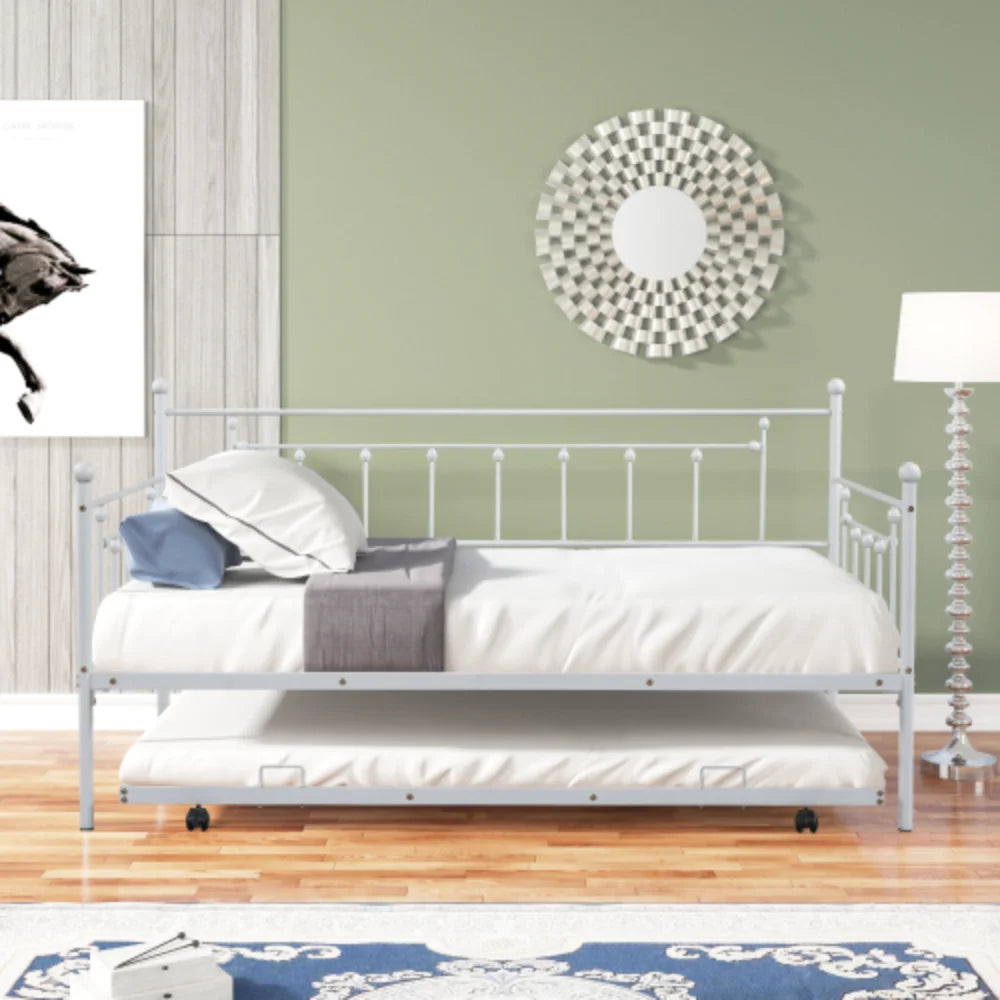 Light Grey Metal Daybed with Trundle V3147