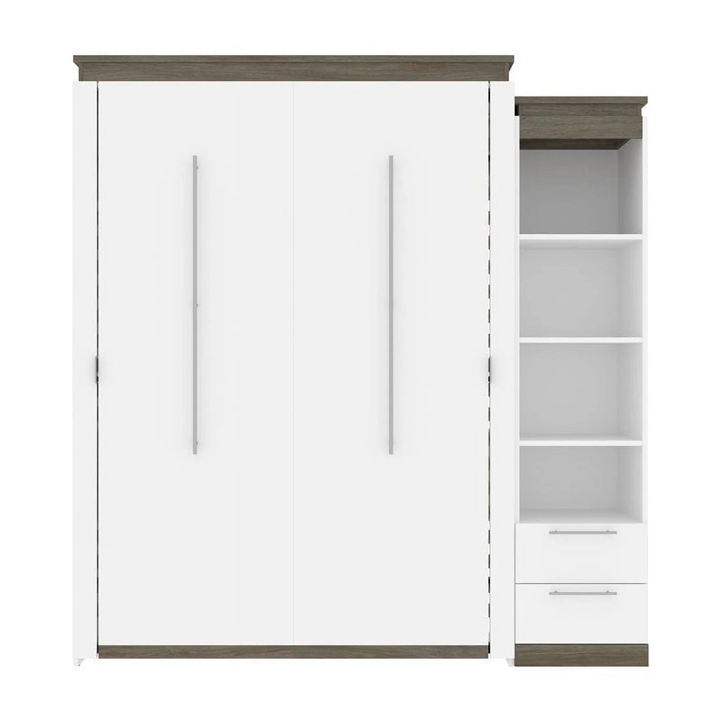 White Queen Murphy Bed and Shelving with Drawers W4669