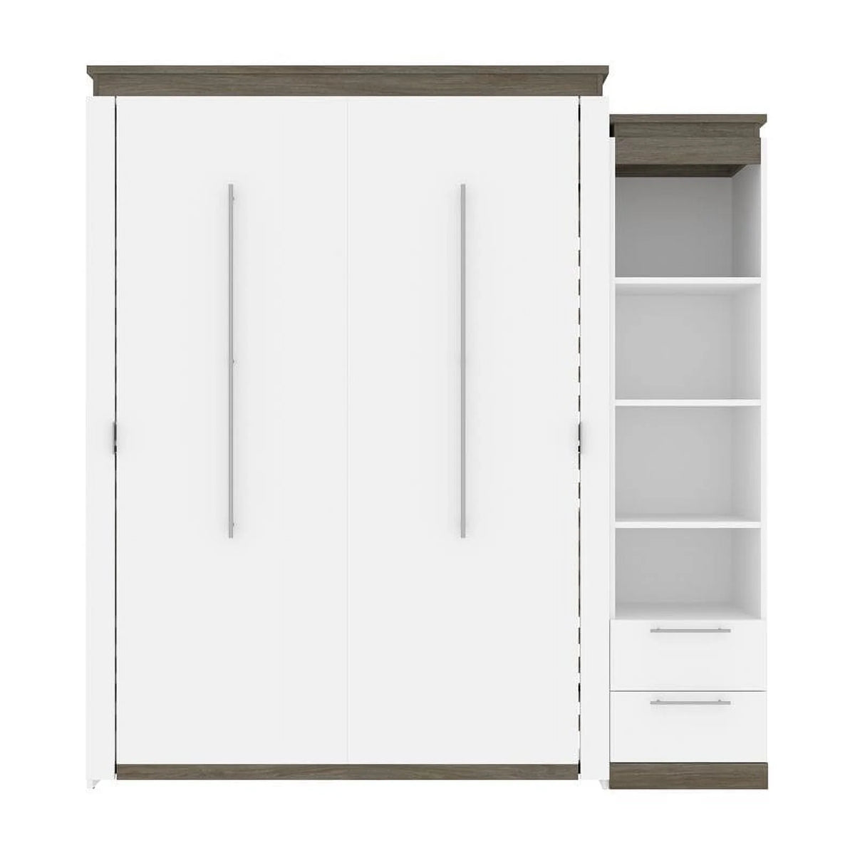 White Queen Murphy Bed and Shelving with Drawers W4669