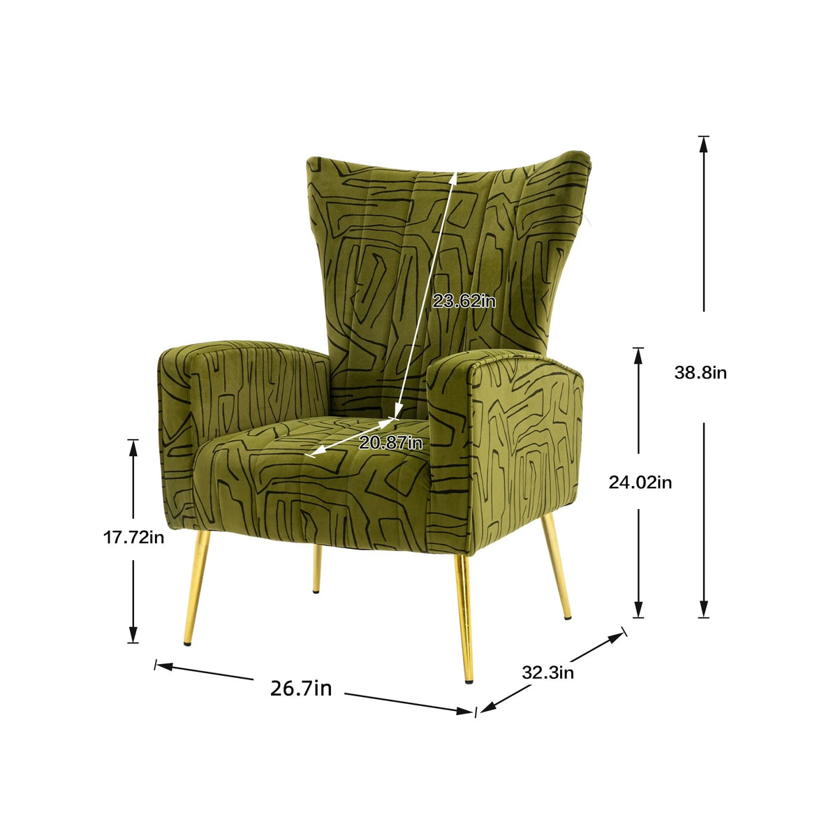 Olive Green Velvet Wingback Armchair with Rose Golden Legs P982