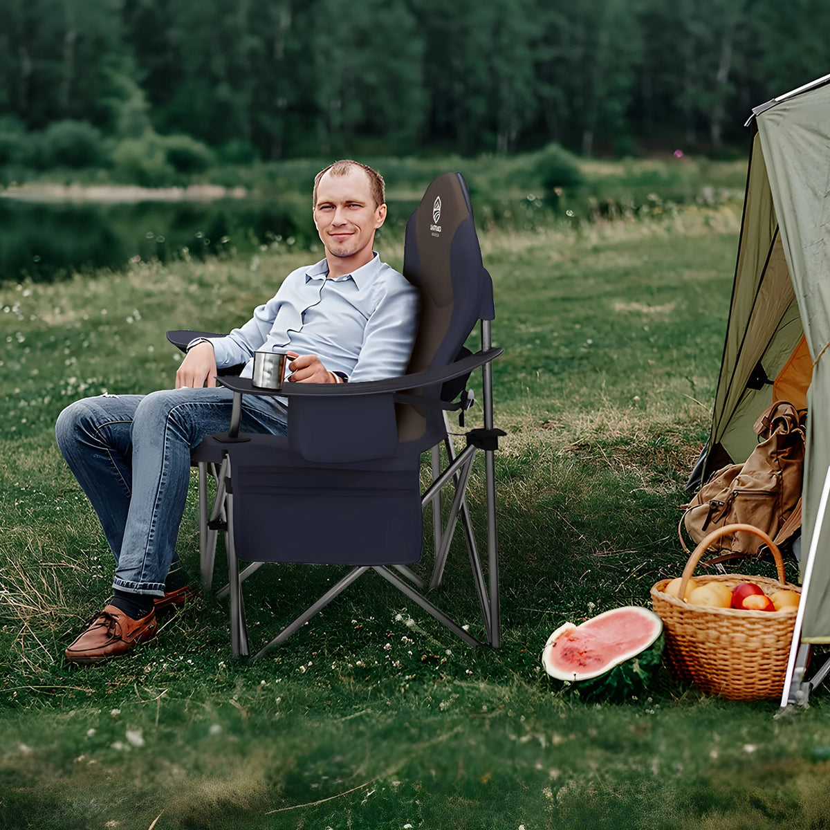 Oversized Padded Folding Camping Chair with Cooler Bag and Cup Holder Y1667