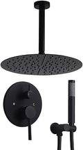 Matte Black 12" Ceiling Mounted Round Rainfall Shower with Hand Shower Wall Mount Combo Set with Rough-in Valve and Trims, Solid Brass T4348