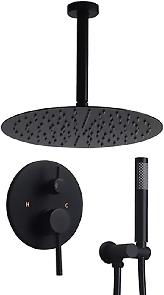 Matte Black 12" Ceiling Mounted Round Rainfall Shower with Hand Shower Wall Mount Combo Set with Rough-in Valve and Trims, Solid Brass T4348