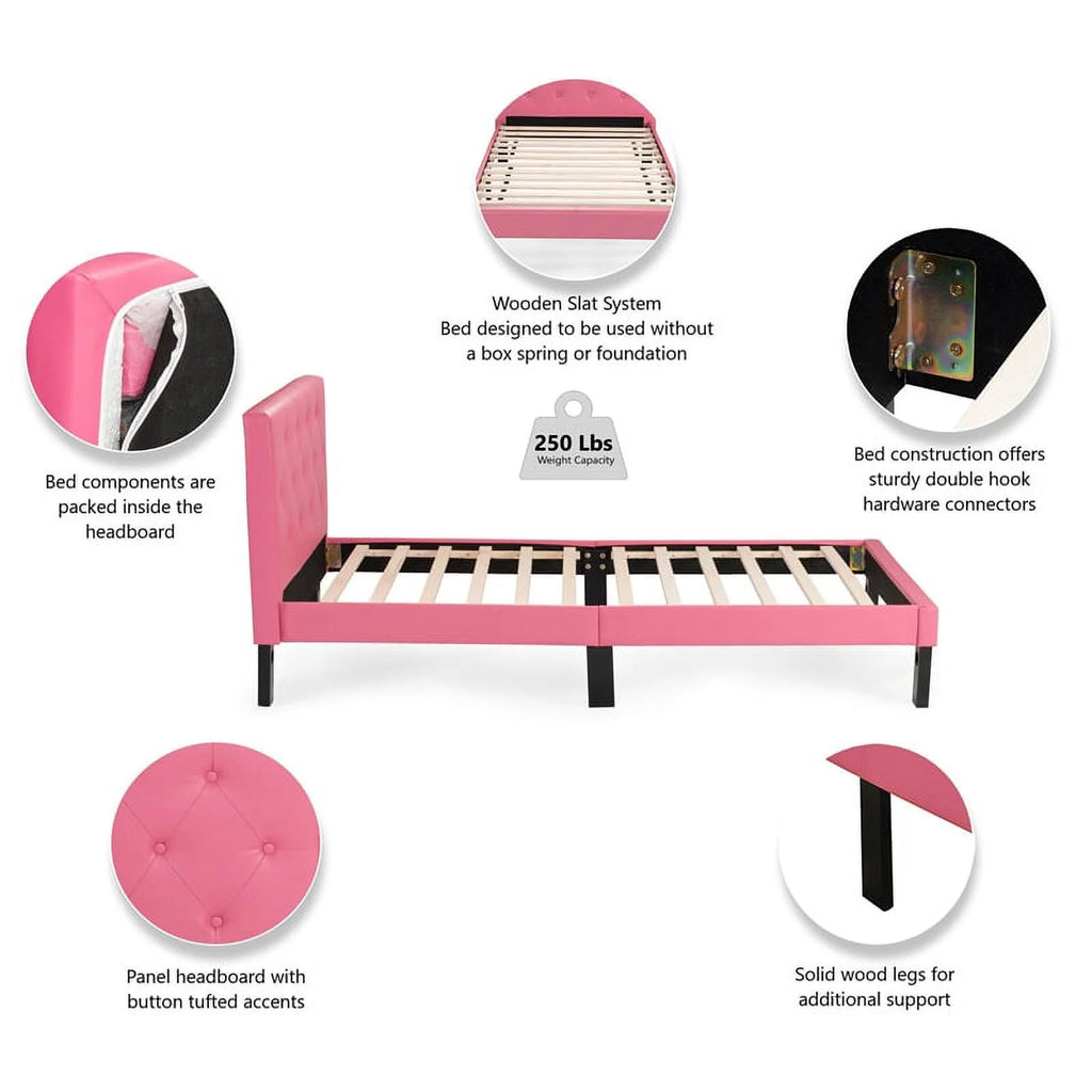 Twin Upholstered Bed Frame with Slats in Pink Faux Leather K6540