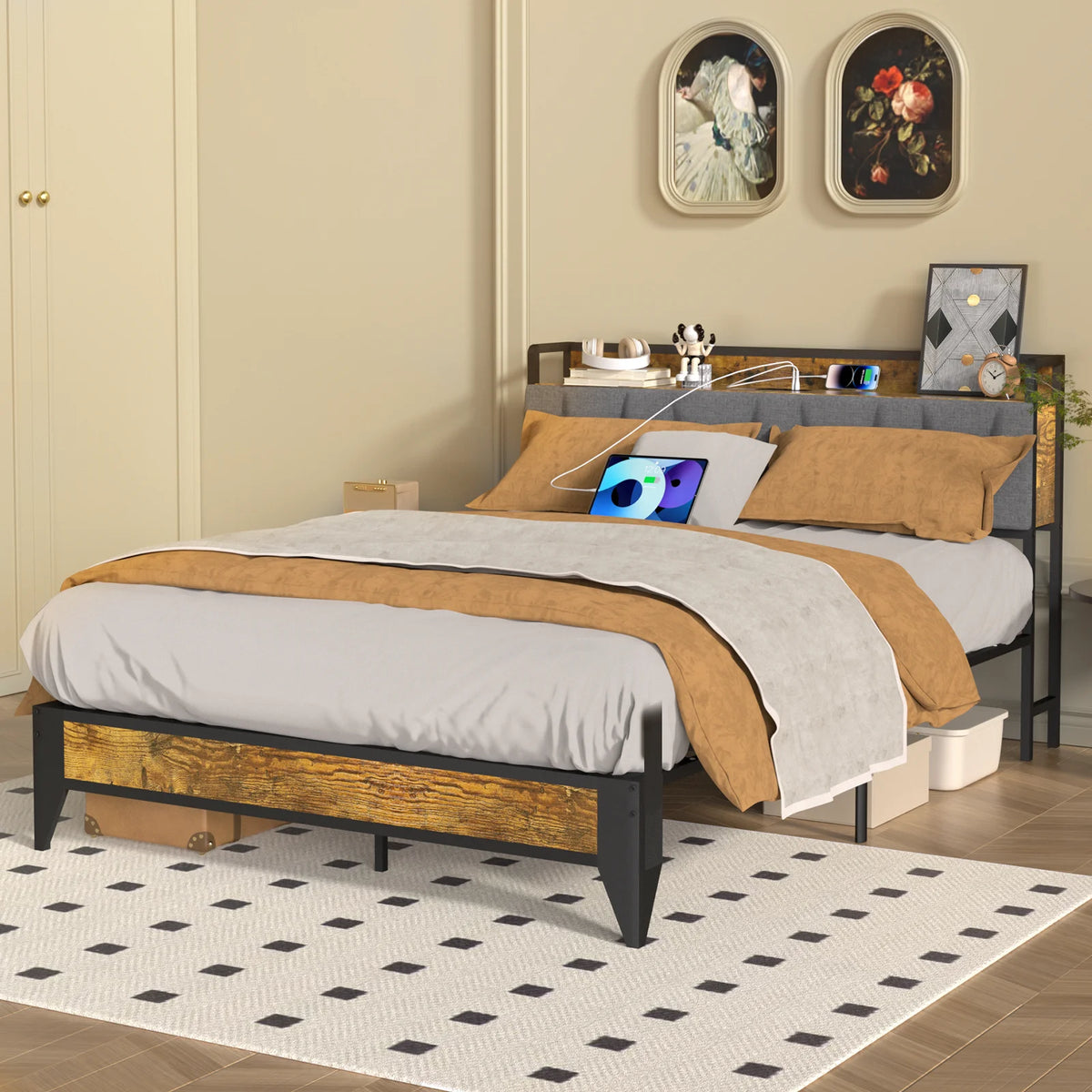 Full Size Platform Bed Frame with Headboard and Storage X874