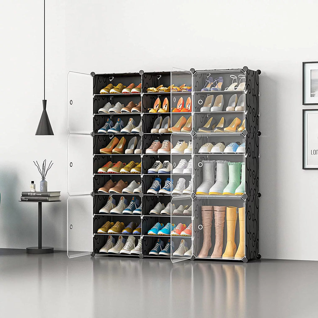 Portable Shoe Rack Organizer with Door, 36 Pair Plastic Shoe Storage Shelf, Black T5196