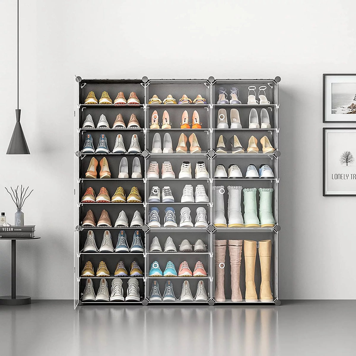 Portable Shoe Rack Organizer with Door, 36 Pair Plastic Shoe Storage Shelf, Black T5196
