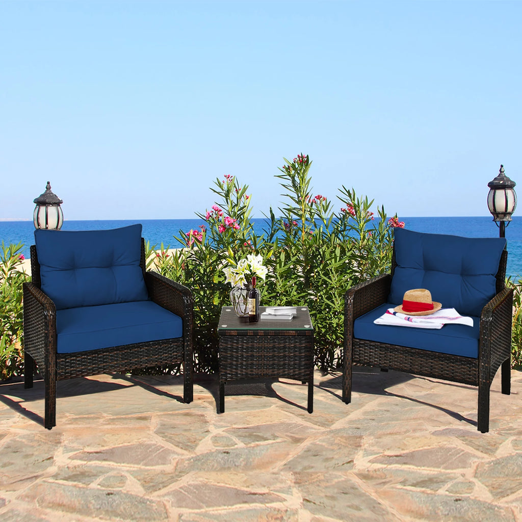 3 Pcs Rattan Patio Conversation Set with Navy Cushions X44598