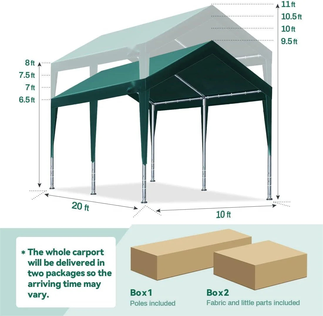Heavy Duty Carports Car Canopy Garage Boat Shelter Party Tent, Adjustable Height from 9.5 ft to 11 ft E724673