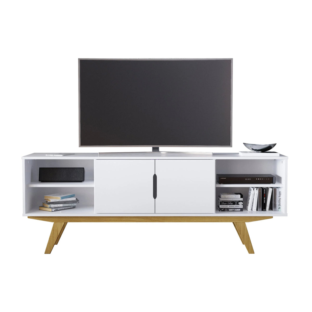 Modern White TV Stand with 4 Open Shelves X44822