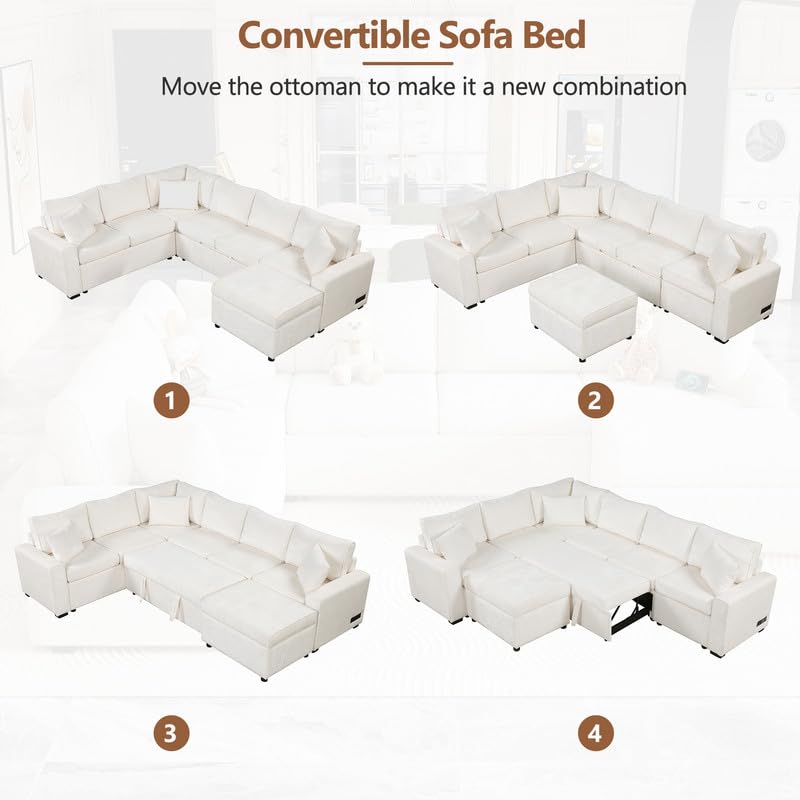 Cream L-Shaped Sectional Sofa with Storage Ottoman T742927