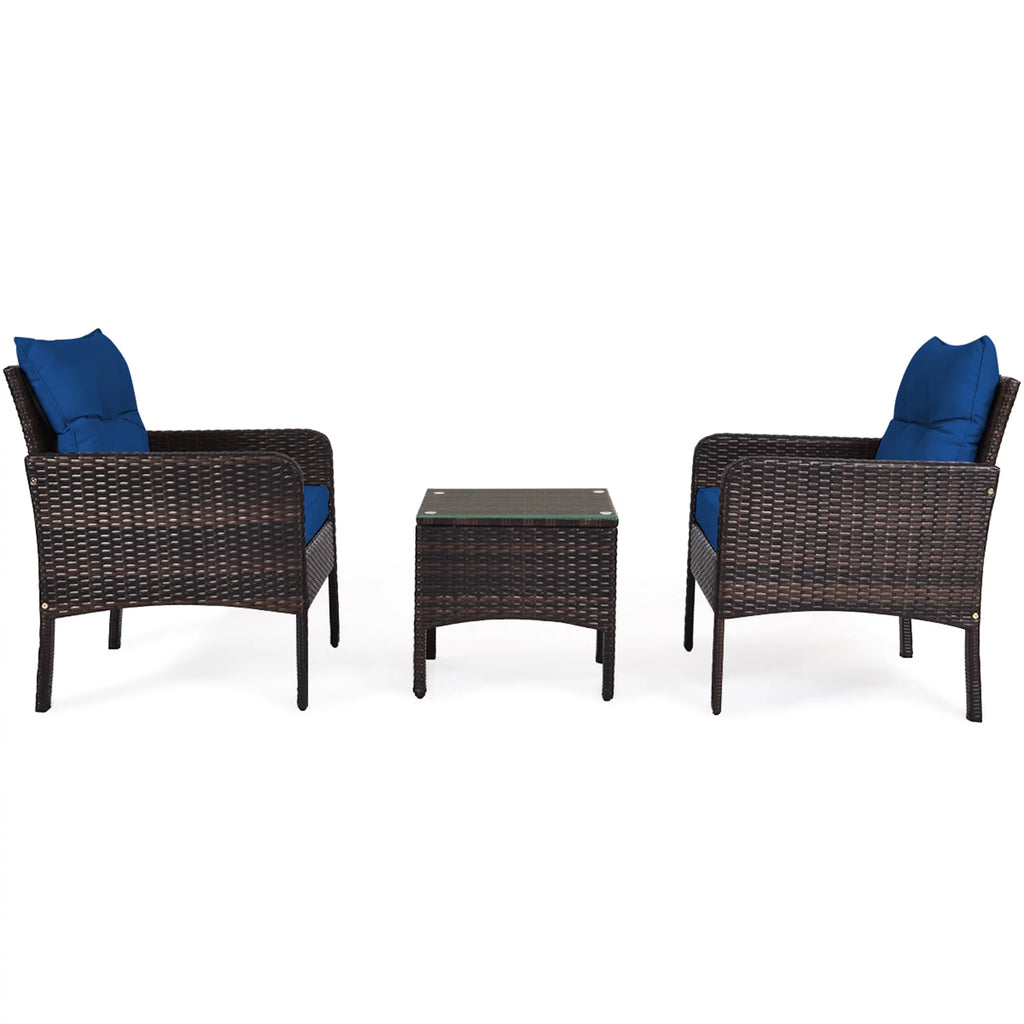3 Pcs Rattan Patio Conversation Set with Navy Cushions X44598