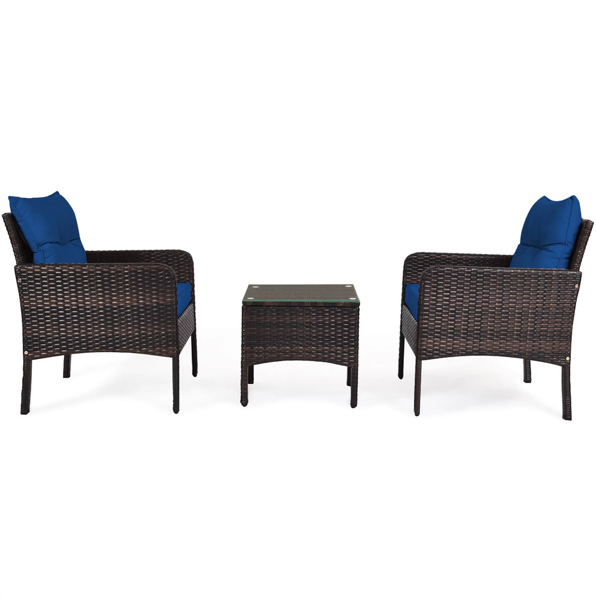 3 Pcs Rattan Patio Conversation Set with Navy Cushions X44598