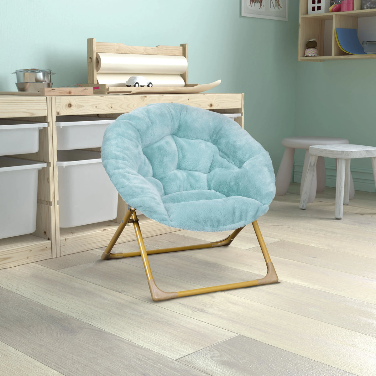 Dusty Aqua/Soft Gold Kids Faux Fur Folding Saucer Chair K8564